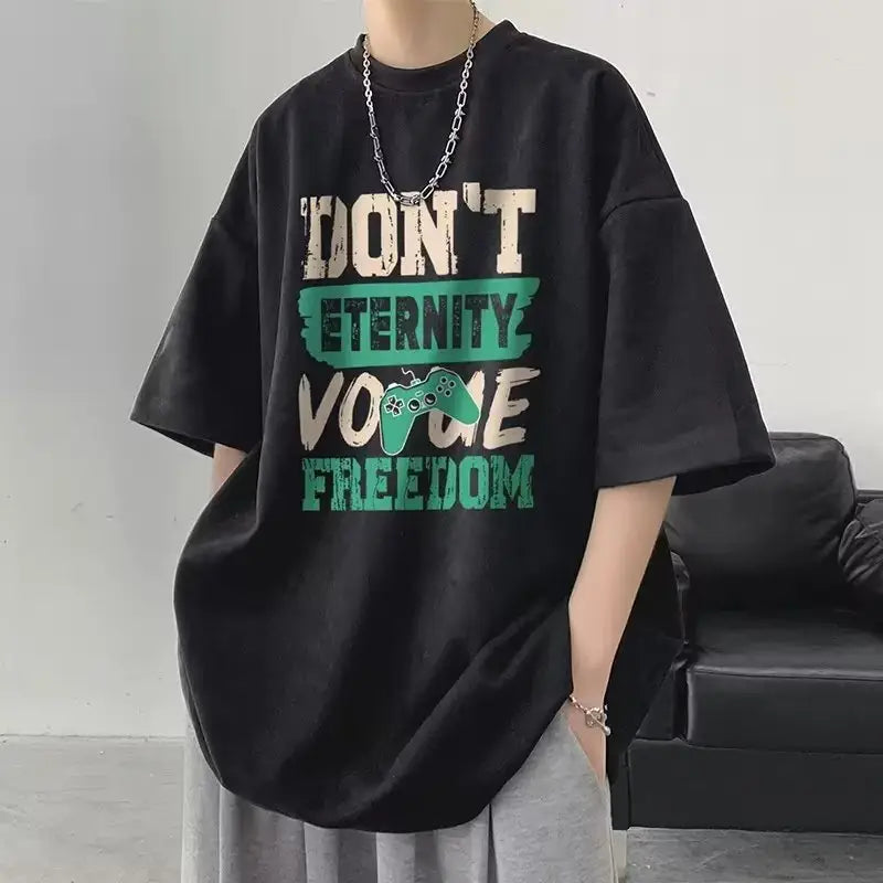 Men Blue Cotton Loose T-Shirt with Embroidered Design