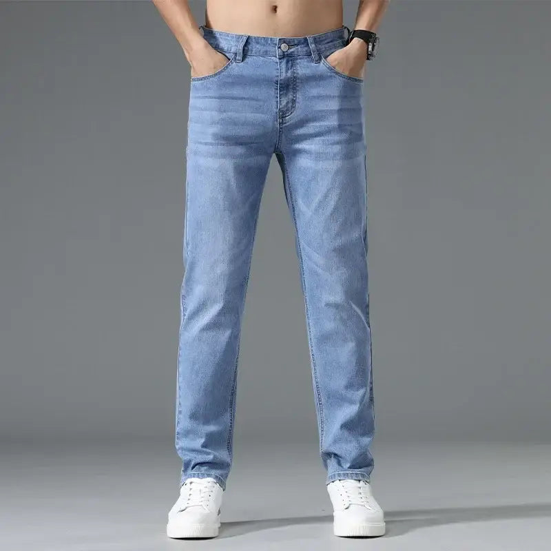 Men's Thin Blue Slim Fit Jeans Straight Cut Stretch